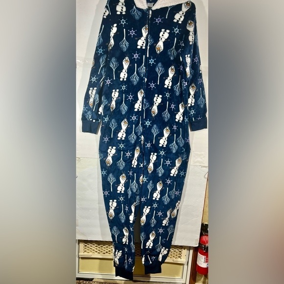 Soft *Frozen* Olaf Print Pajamas One Piece Hooded Full Zipper Open Feet - Picture 2 of 5